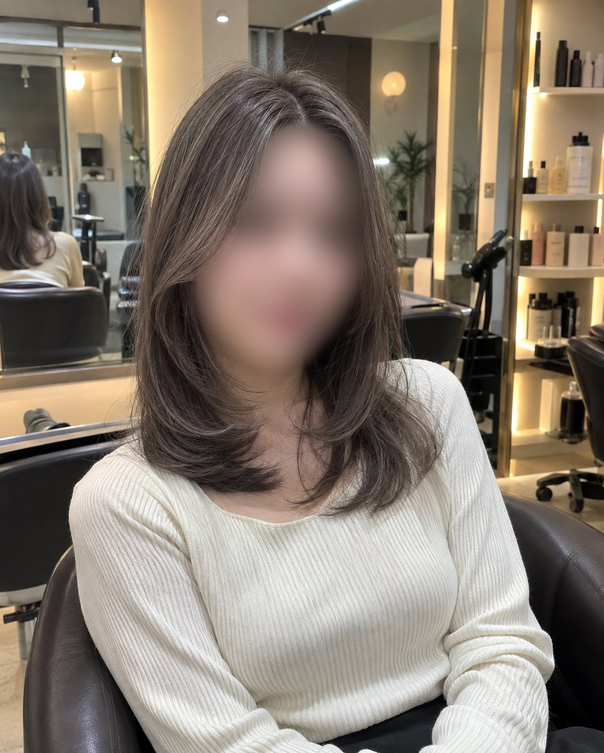 애쉬 브라운으로 염색한 미디엄 레이어드 헤어의 미용실 원본 사진(얼굴 블러 처리)