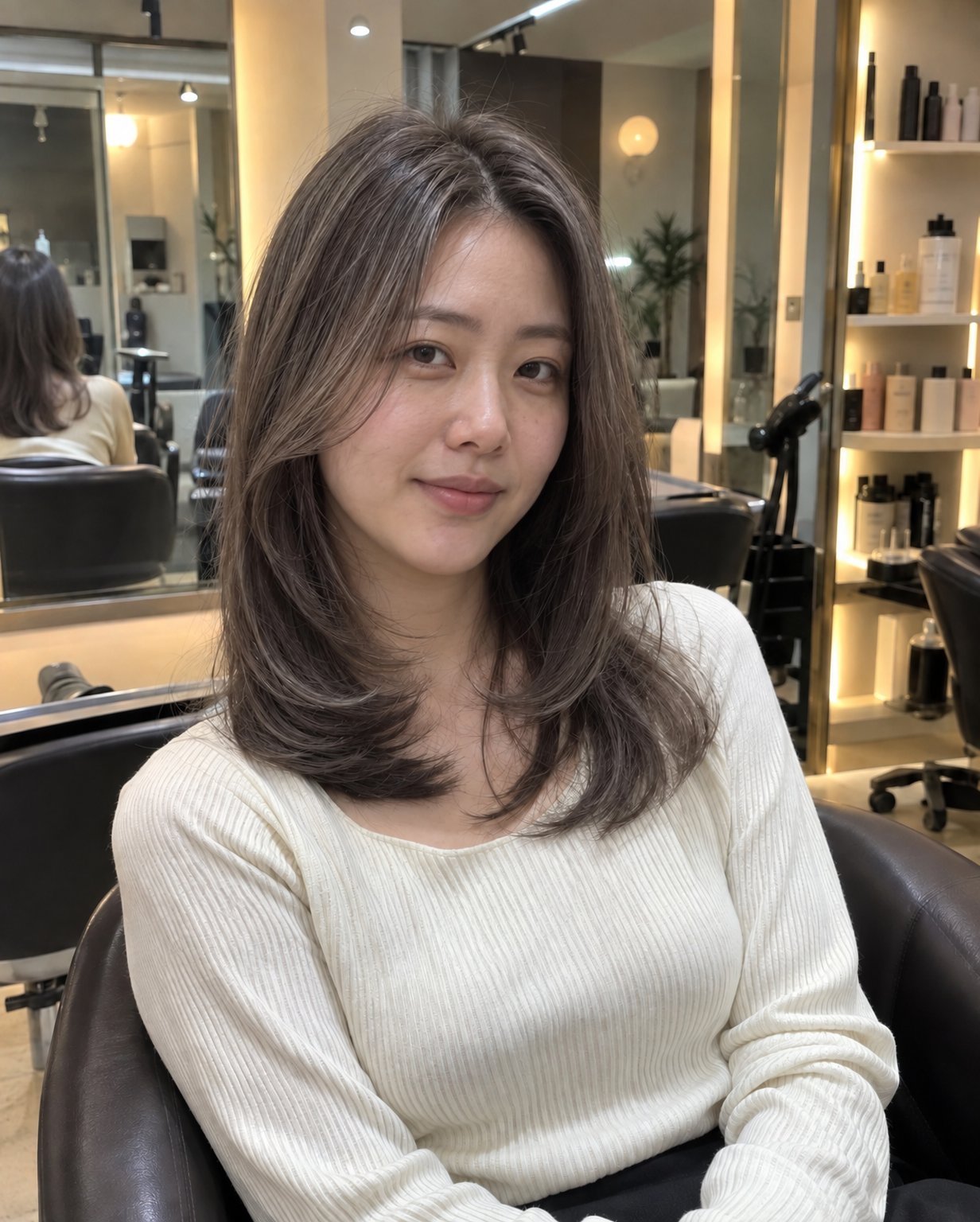 같은 애쉬 브라운 미디엄 헤어에 AI 모델 얼굴을 입힌 결과 1