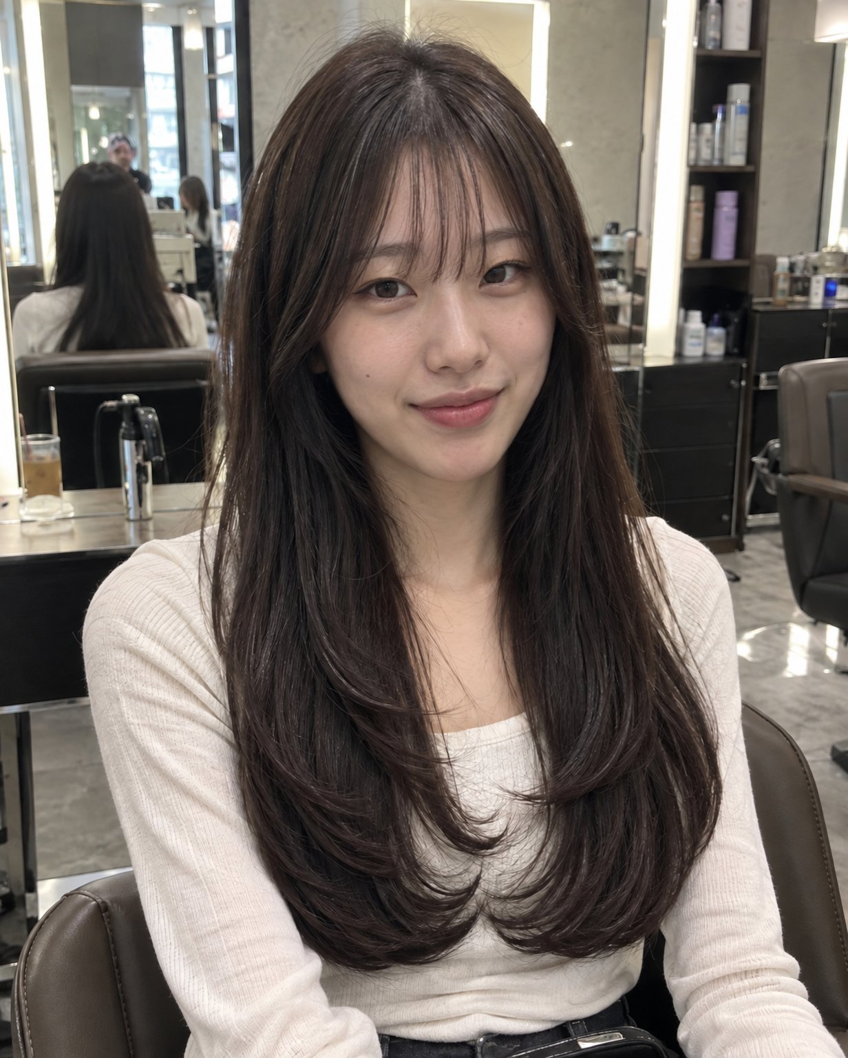 같은 시스루뱅 C컬 롱헤어에 AI 모델 얼굴을 입힌 결과 1