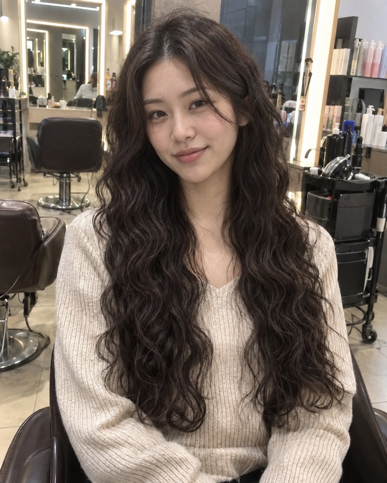 같은 히피펌 롱헤어에 AI 모델 얼굴을 입힌 결과 1